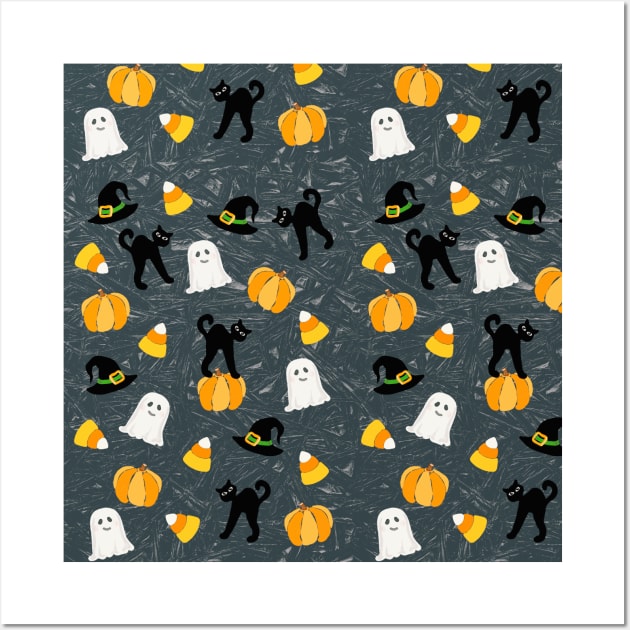 Cute Halloween Black Cat Pumpkin Ghost Witch Hat on Grey Crackle Wall Art by NaturalDesign